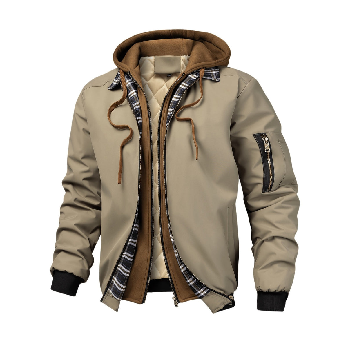 Men's Padded Hooded Jacket with Check Details
