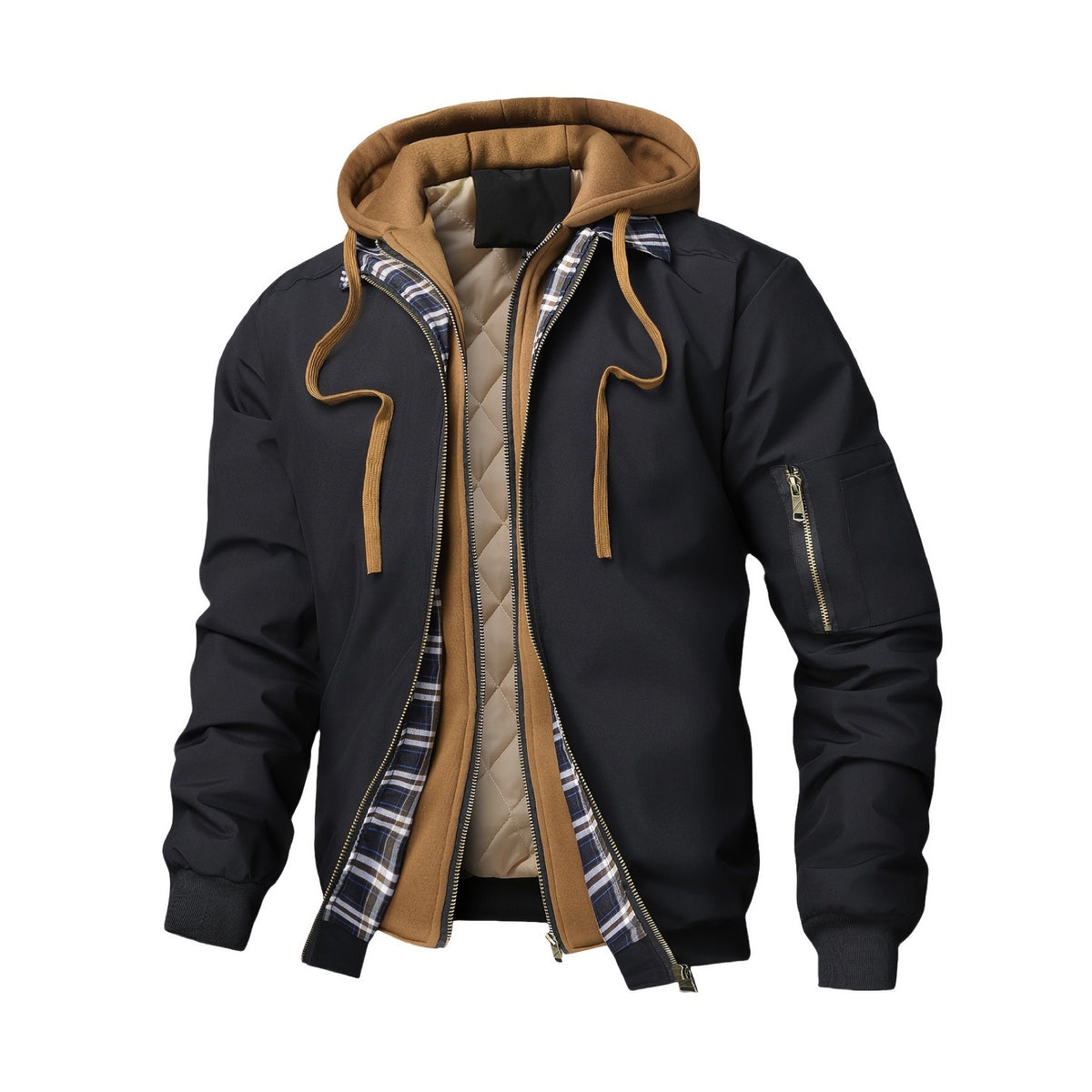 Men's Padded Hooded Jacket with Check Details