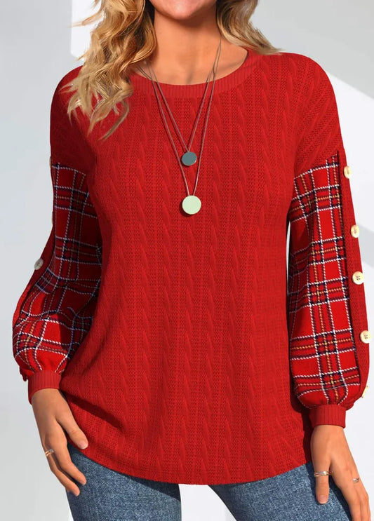 Juliet | Checked-Sleeve Textured Sweater