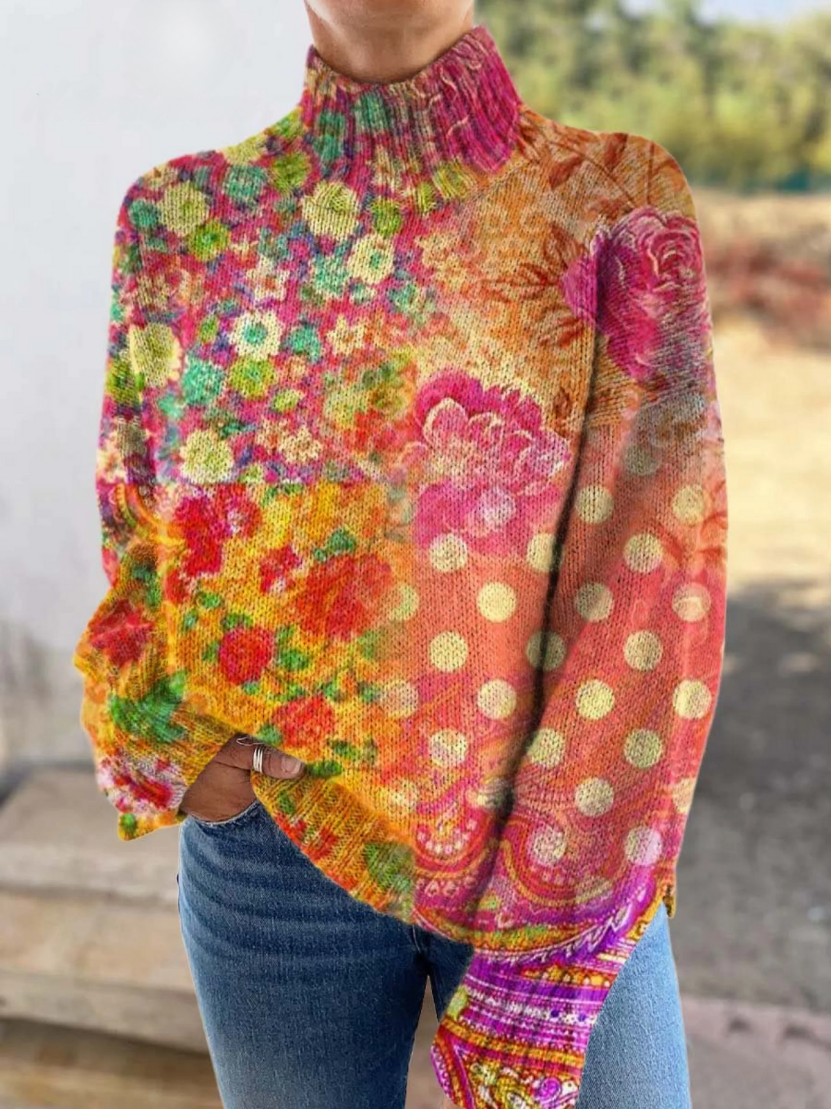 Hattie | Artful Floral High-Neck Jumper
