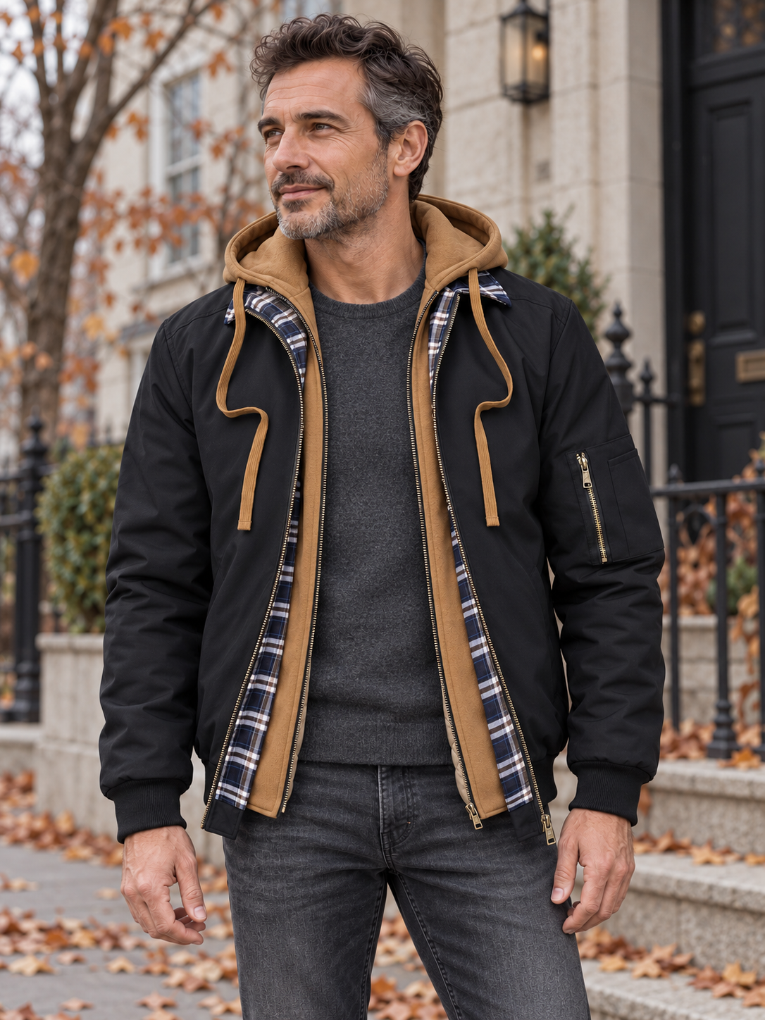 Men's Padded Hooded Jacket with Check Details