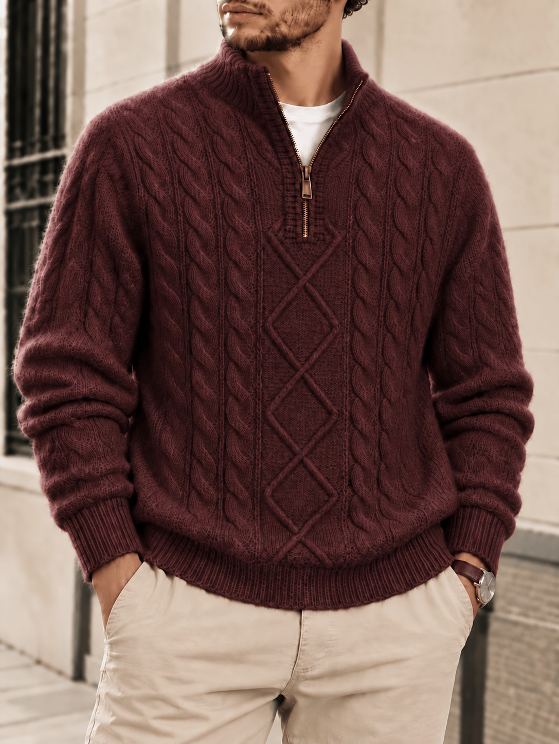 Henrik Herrenpullover mit Zopfmuster und Stehkragen in Bordeaux
